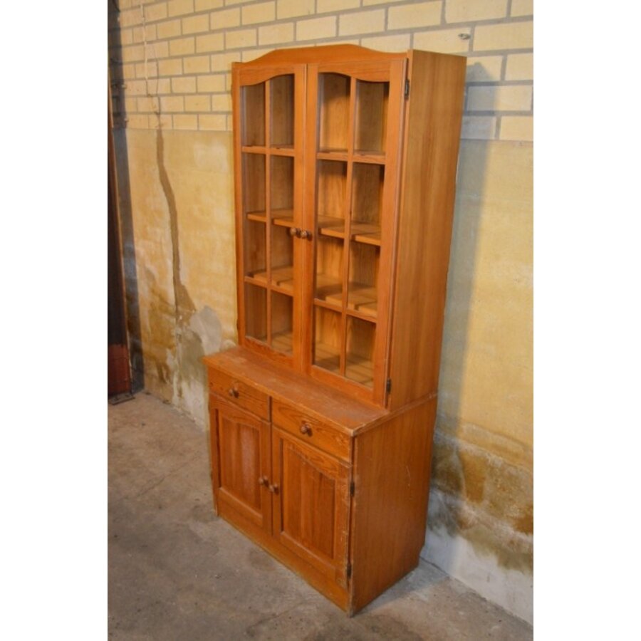 Vintage grenen buffetkast met vitrinedeel-3