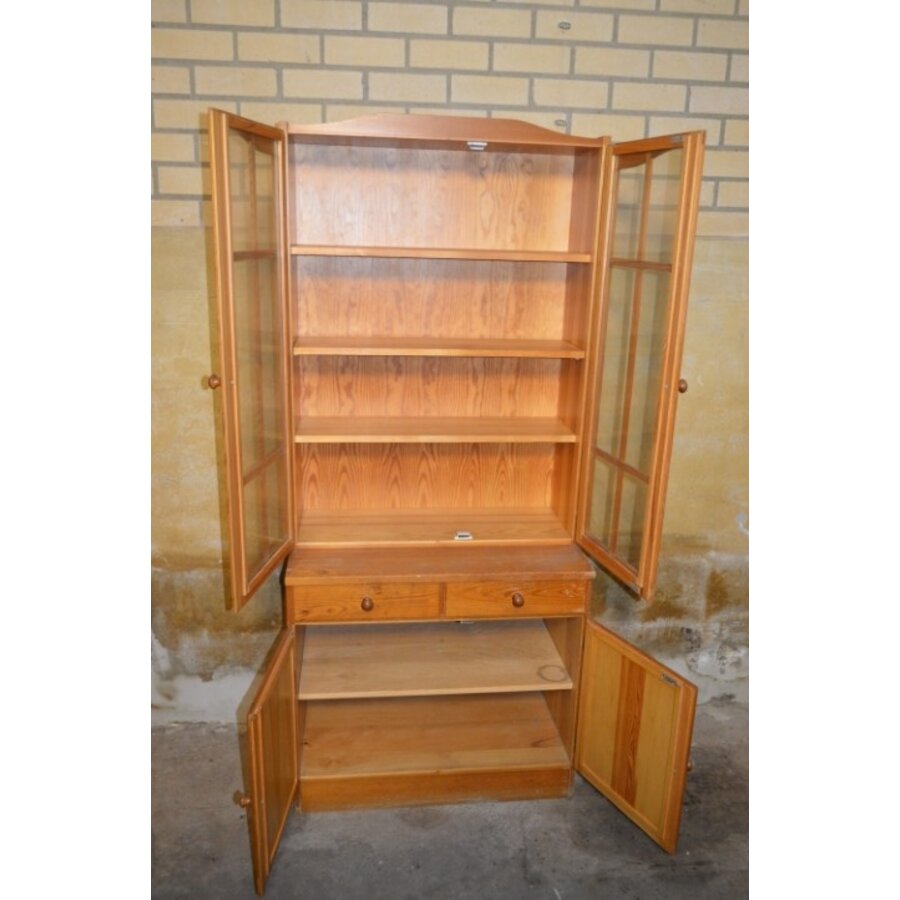 Vintage grenen buffetkast met vitrinedeel-5