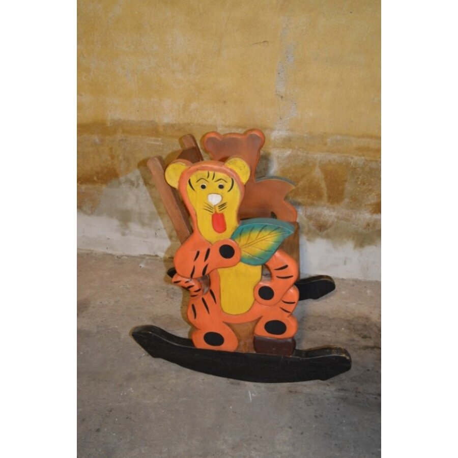 Vintage kinder schommelstoel met tijgerfiguren van massief teakhout-2