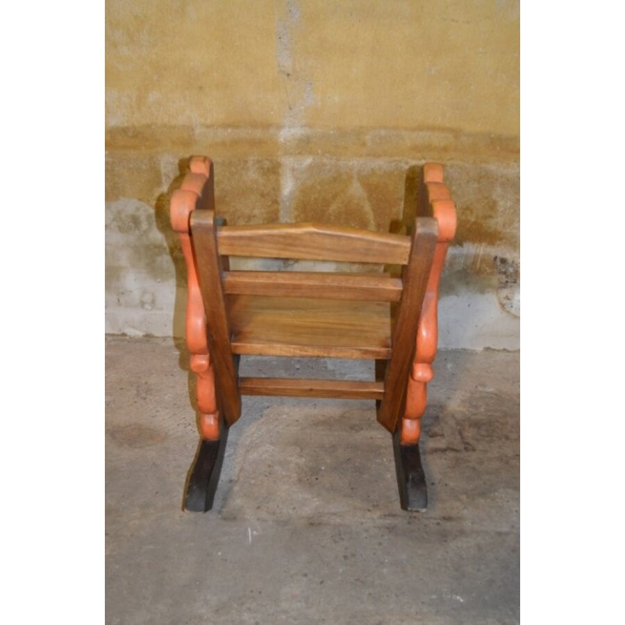 Vintage kinder schommelstoel met tijgerfiguren van massief teakhout-4