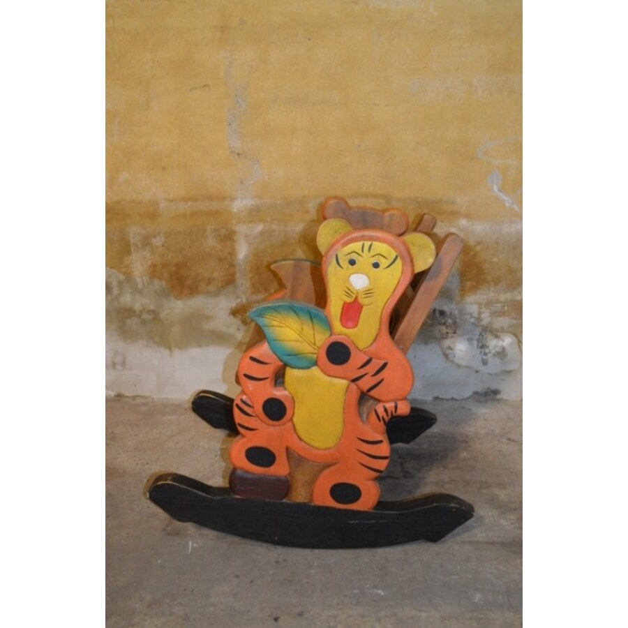 Vintage kinder schommelstoel met tijgerfiguren van massief teakhout-6