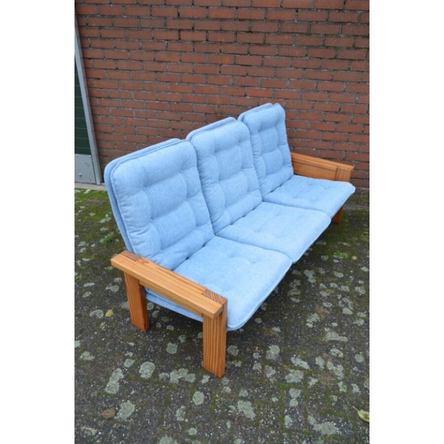 Unieke massief grenen loungeset met blauwe stoffering – Yngve Ekström – Jaren 70-2
