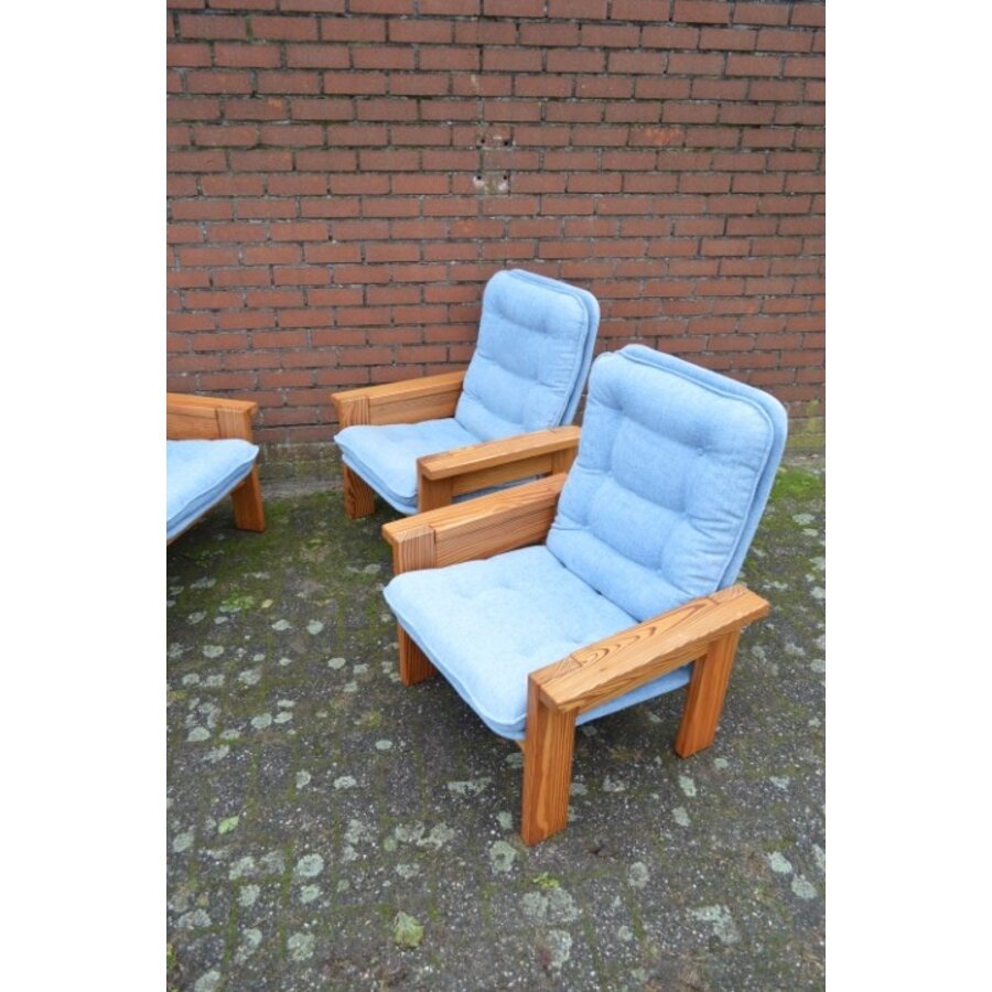 Unieke massief grenen loungeset met blauwe stoffering – Yngve Ekström – Jaren 70-3