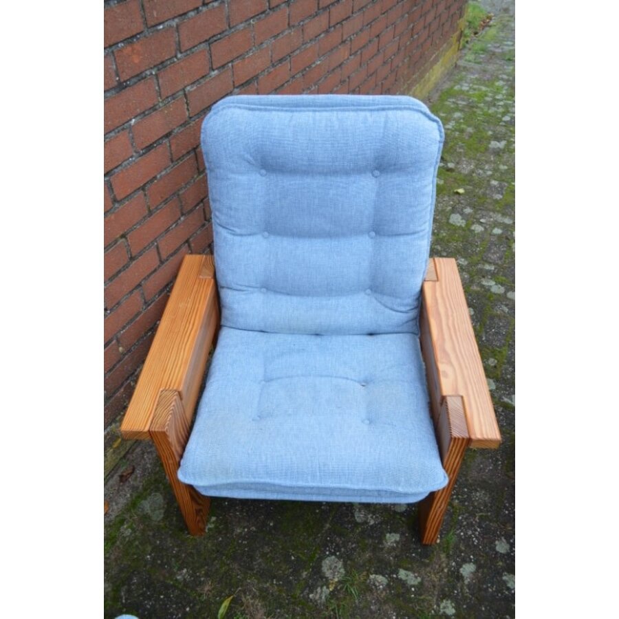 Unieke massief grenen loungeset met blauwe stoffering – Yngve Ekström – Jaren 70-5