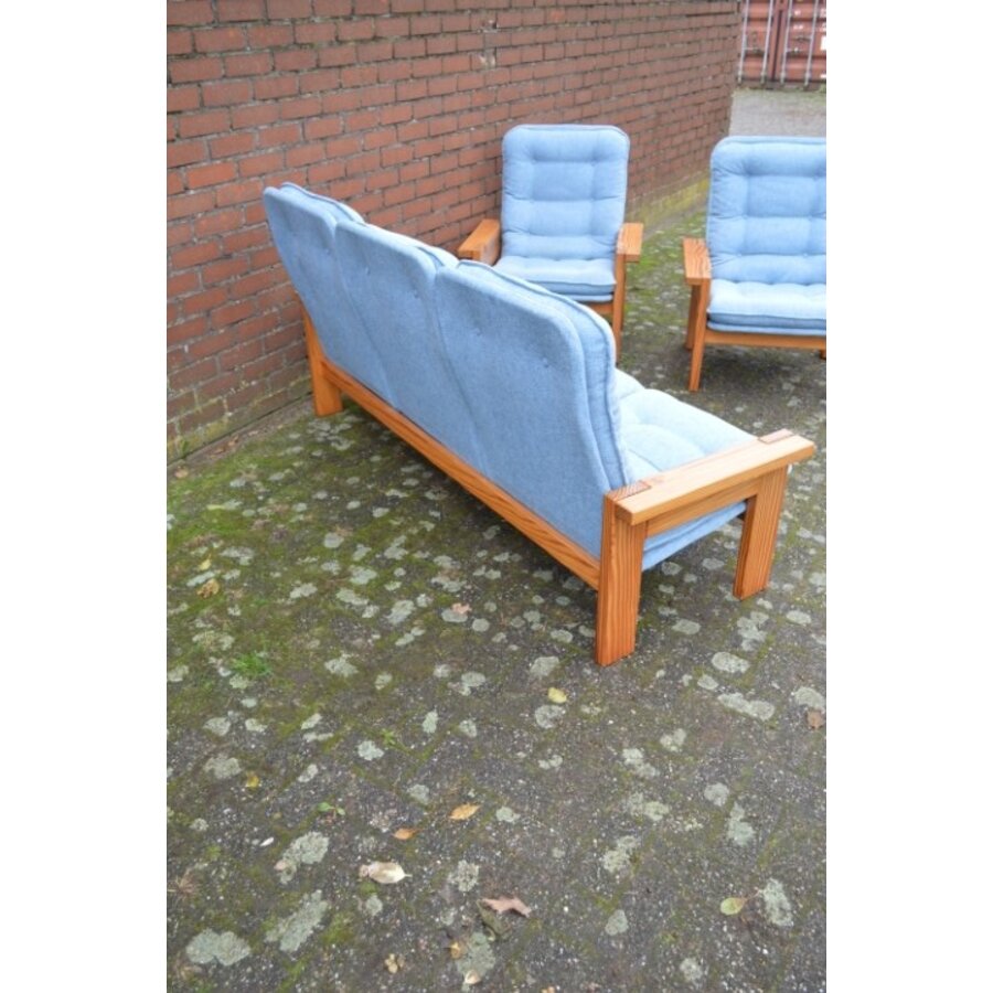 Unieke massief grenen loungeset met blauwe stoffering – Yngve Ekström – Jaren 70-8