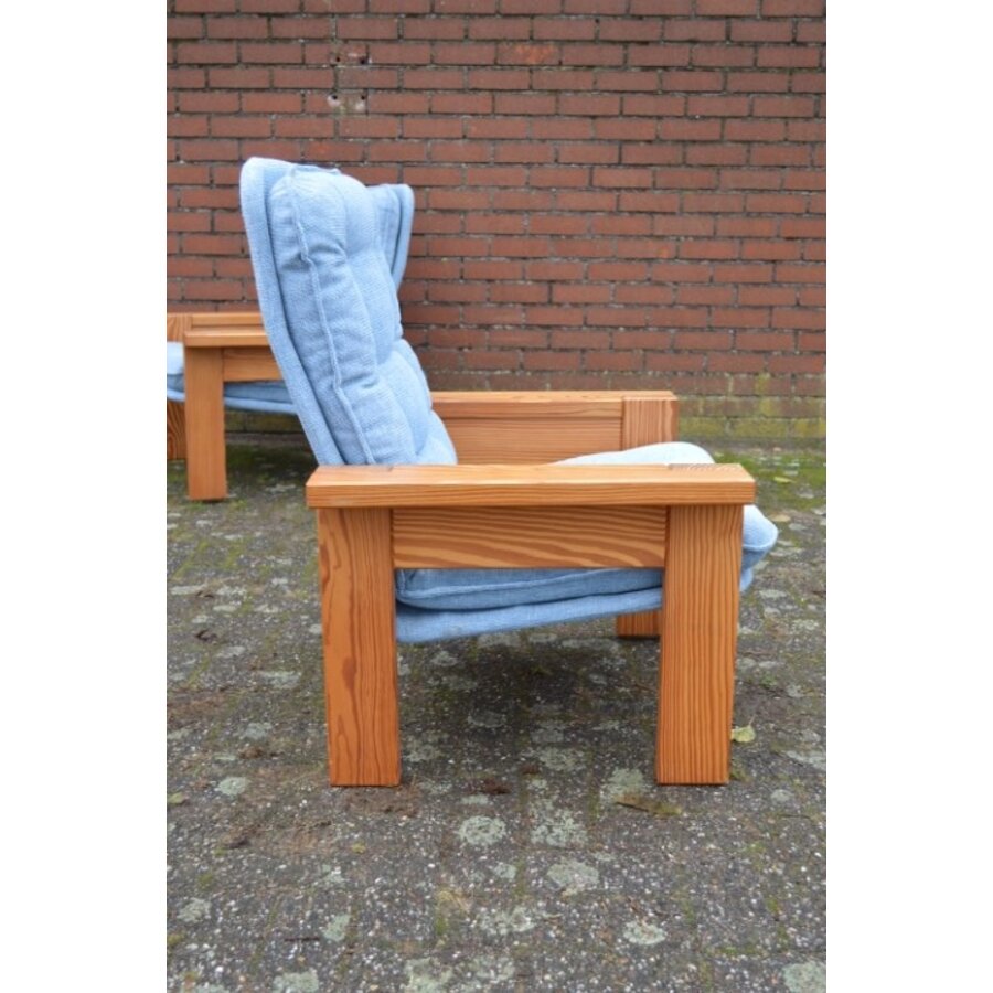 Unieke massief grenen loungeset met blauwe stoffering – Yngve Ekström – Jaren 70-10