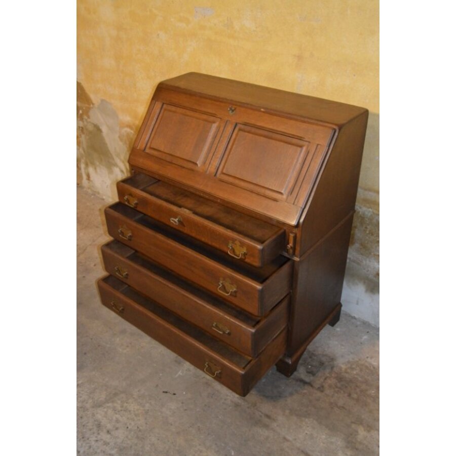 Stijlvolle donker eiken klepsecretaire uit de jaren 70 met laden en vakjes-4