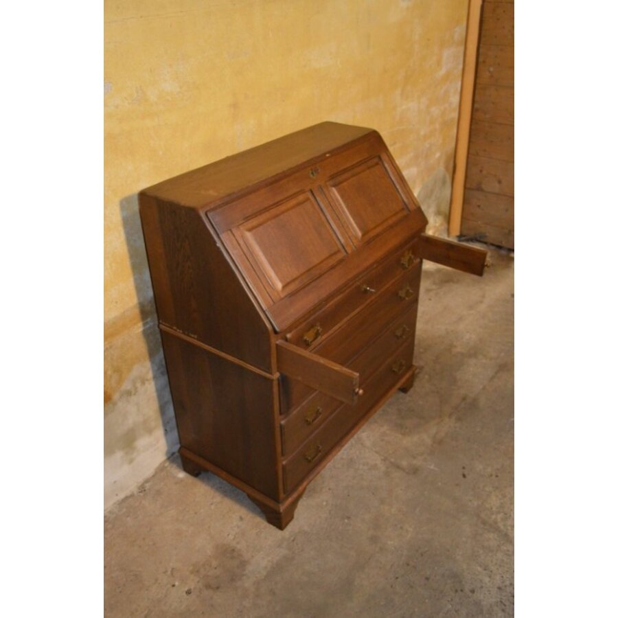 Stijlvolle donker eiken klepsecretaire uit de jaren 70 met laden en vakjes-5