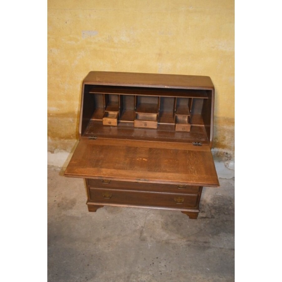 Stijlvolle donker eiken klepsecretaire uit de jaren 70 met laden en vakjes-6