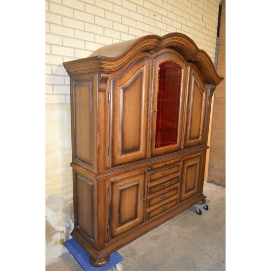 Zware eiken brocante buffetkast met vitrine in donkere patine-1