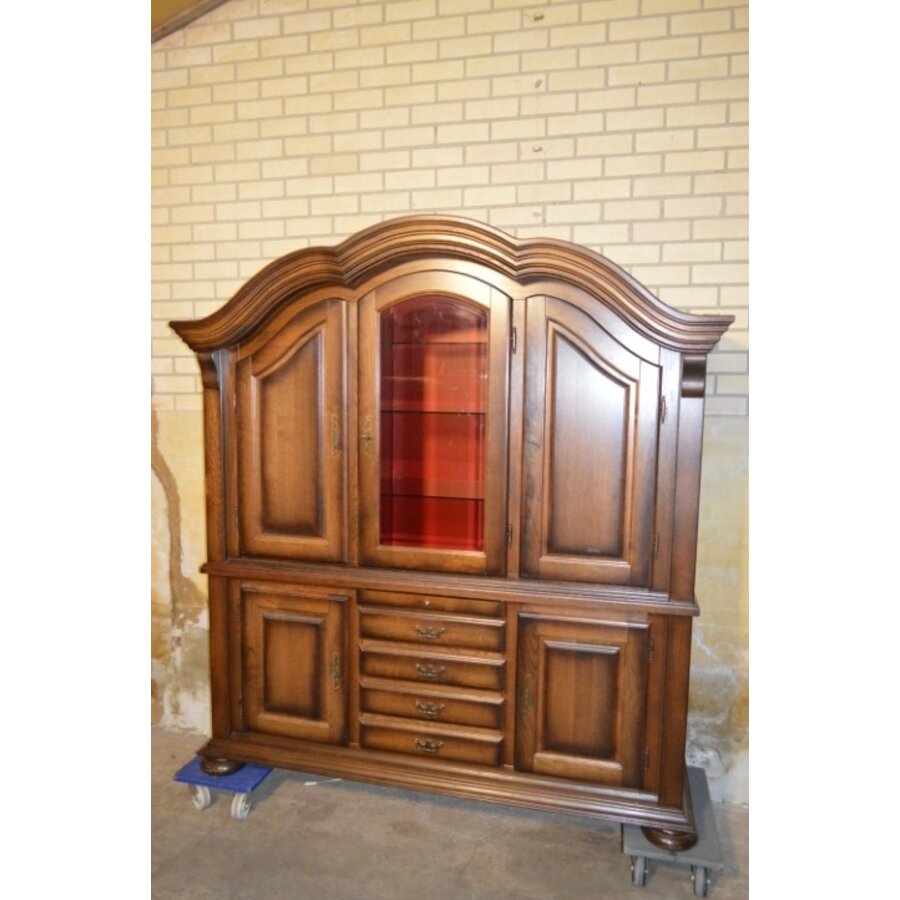 Zware eiken brocante buffetkast met vitrine in donkere patine-2