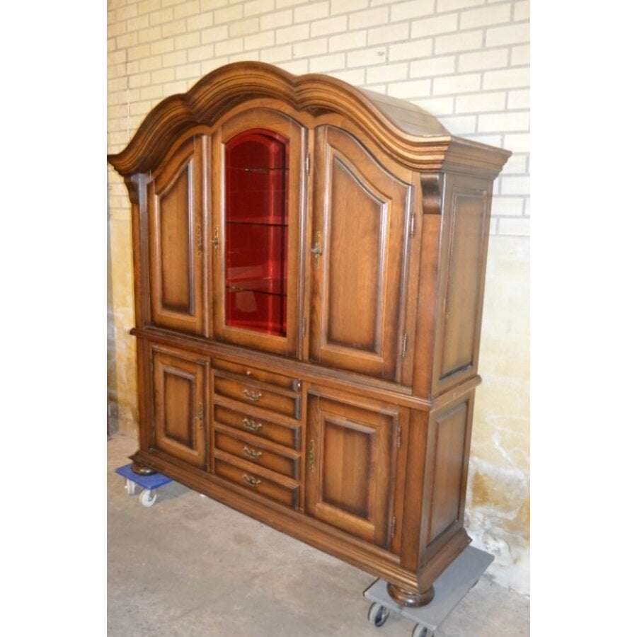 Zware eiken brocante buffetkast met vitrine in donkere patine-3