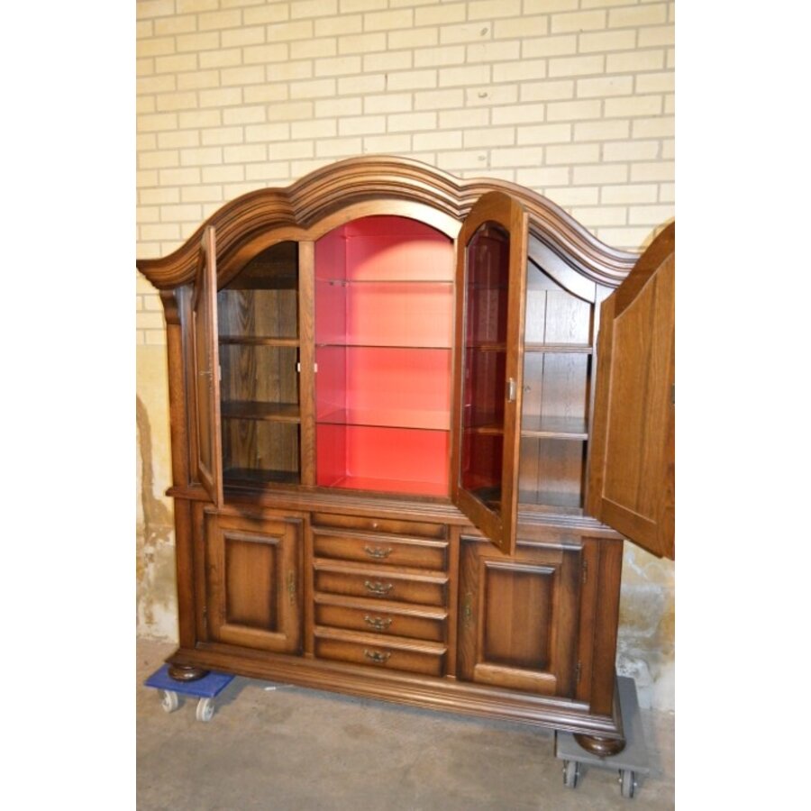 Zware eiken brocante buffetkast met vitrine in donkere patine-4