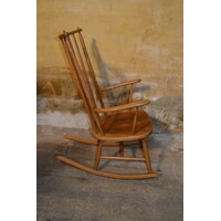 thumb-Elegante vintage houten schommelstoel met kussen uit de jaren 60 met spijlenrug-4