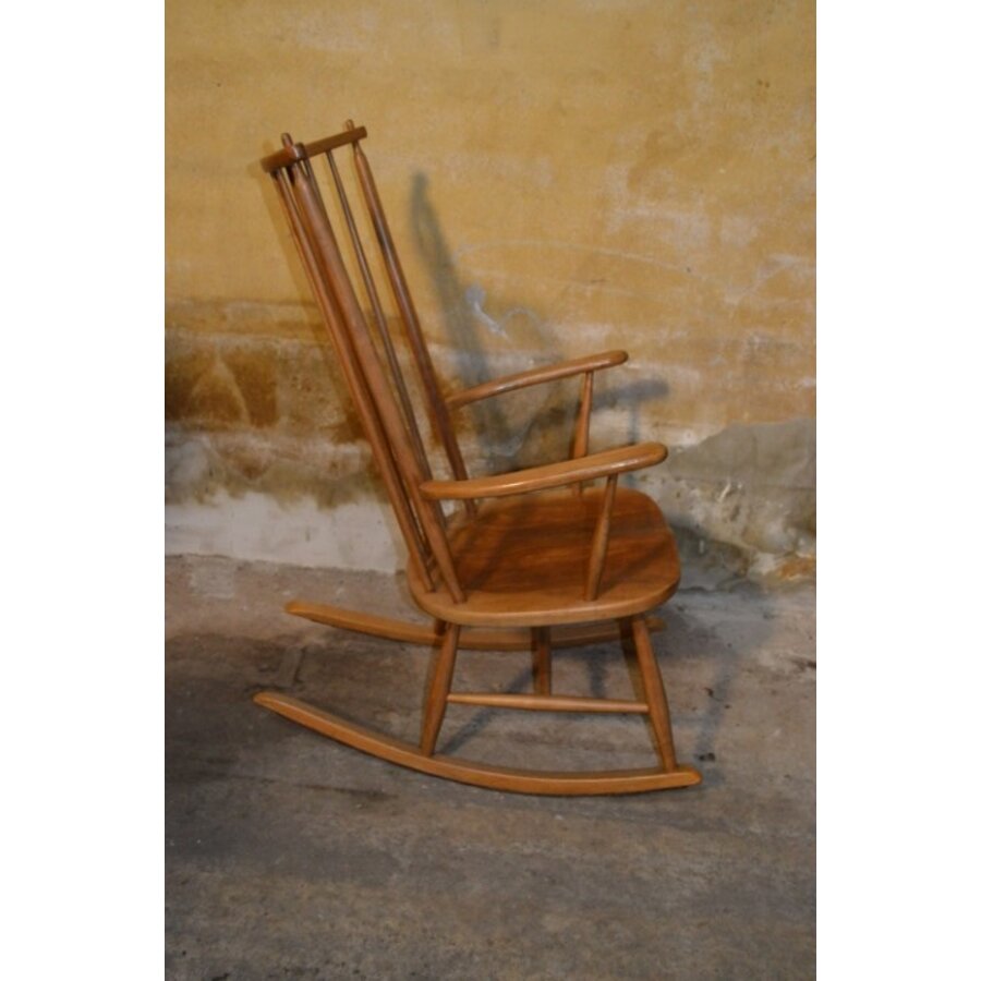 Elegante vintage houten schommelstoel met kussen uit de jaren 60 met spijlenrug-4