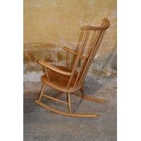 thumb-Elegante vintage houten schommelstoel met kussen uit de jaren 60 met spijlenrug-7