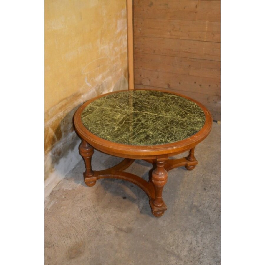 Vintage design ronde salontafel met groen-wit gemarmerd natuurstenen blad-1