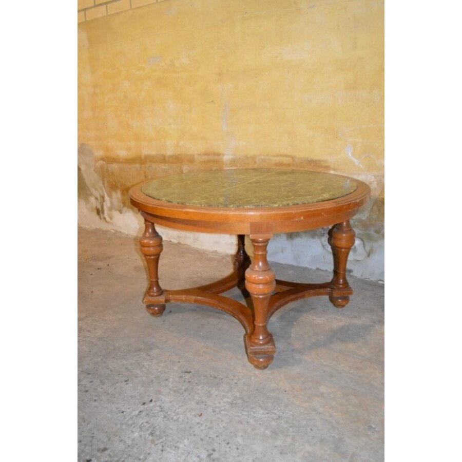 Vintage design ronde salontafel met groen-wit gemarmerd natuurstenen blad-3