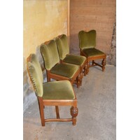 thumb-Set van 4 antieke eiken Tudor stijl eetkamerstoelen met groene stof bekleed-2
