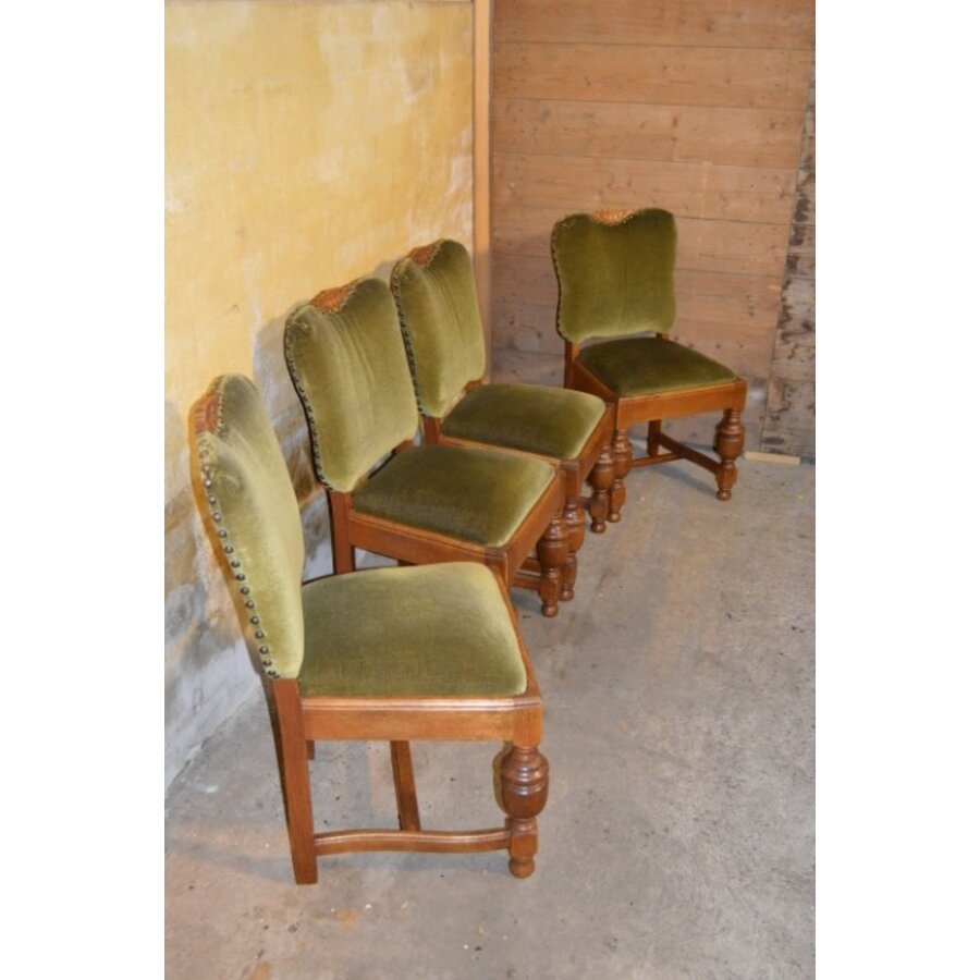 Set van 4 antieke eiken Tudor stijl eetkamerstoelen met groene stof bekleed-2