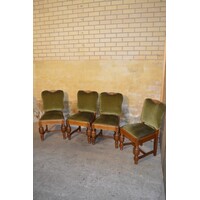 thumb-Set van 4 antieke eiken Tudor stijl eetkamerstoelen met groene stof bekleed-1