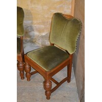 thumb-Set van 4 antieke eiken Tudor stijl eetkamerstoelen met groene stof bekleed-3