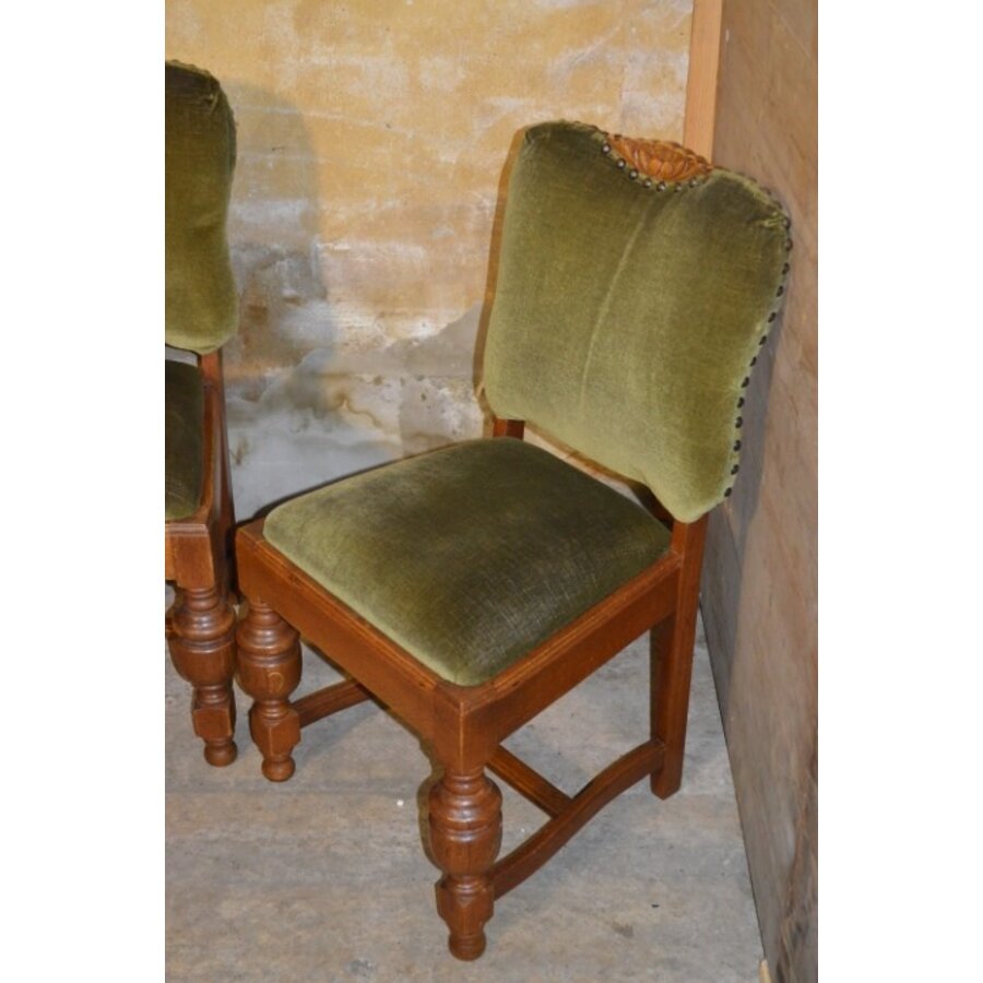 Set van 4 antieke eiken Tudor stijl eetkamerstoelen met groene stof bekleed-3