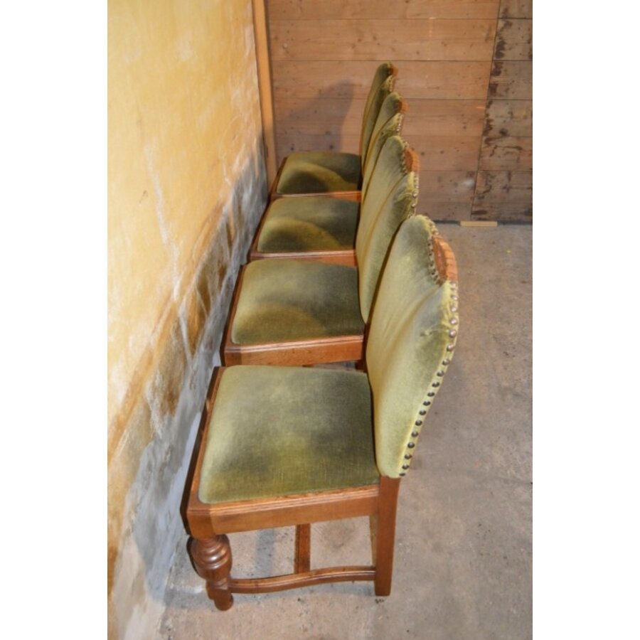 Set van 4 antieke eiken Tudor stijl eetkamerstoelen met groene stof bekleed-5