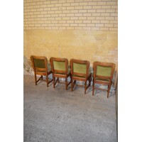 thumb-Set van 4 antieke eiken Tudor stijl eetkamerstoelen met groene stof bekleed-6