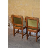 thumb-Set van 4 antieke eiken Tudor stijl eetkamerstoelen met groene stof bekleed-7