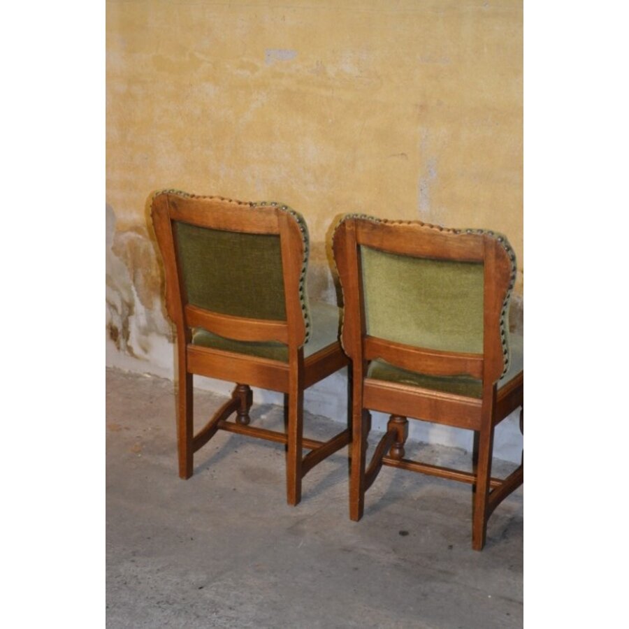Set van 4 antieke eiken Tudor stijl eetkamerstoelen met groene stof bekleed-7