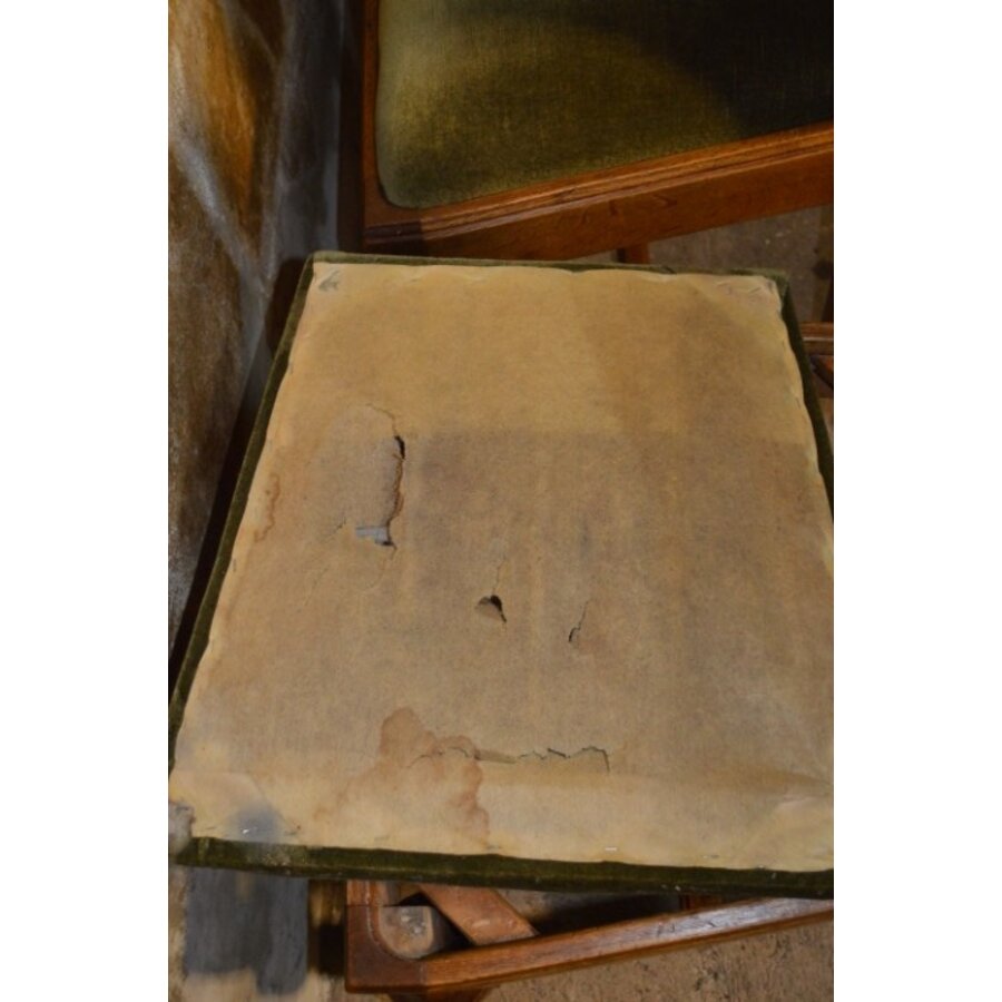 Set van 4 antieke eiken Tudor stijl eetkamerstoelen met groene stof bekleed-8