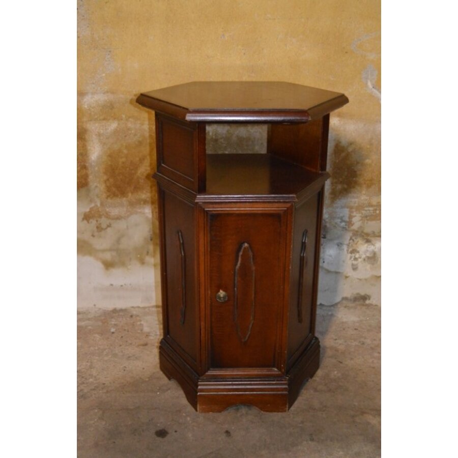 Zeshoekig vintage bijzetkastje van massief mahoniehout-2