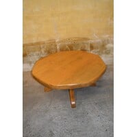 thumb-Ronde vintage salontafel van blank eikenhout met middenpoot-2