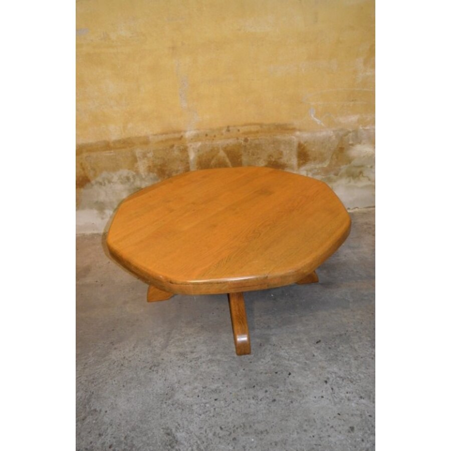 Ronde vintage salontafel van blank eikenhout met middenpoot-2