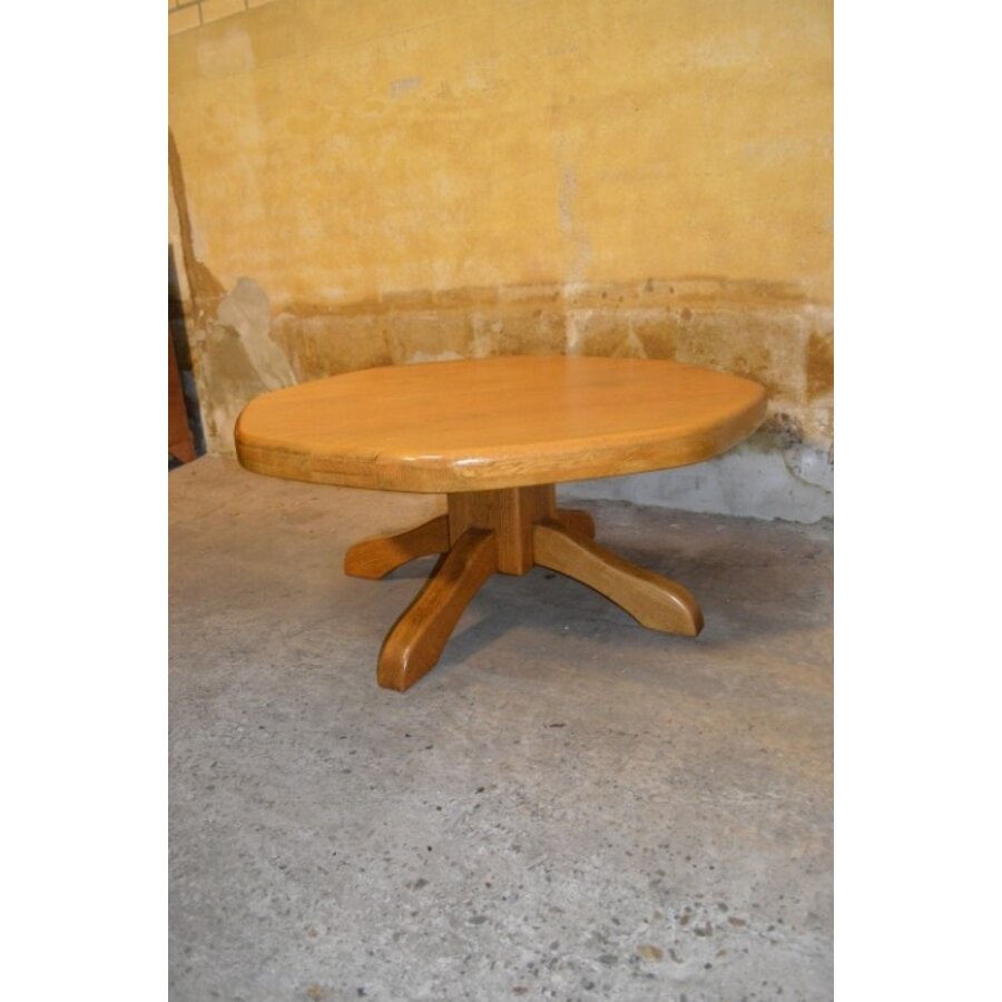 Ronde vintage salontafel van blank eikenhout met middenpoot-3