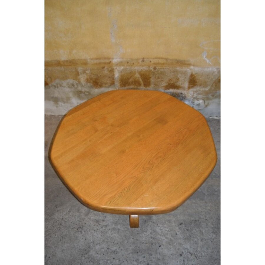 Ronde vintage salontafel van blank eikenhout met middenpoot-4