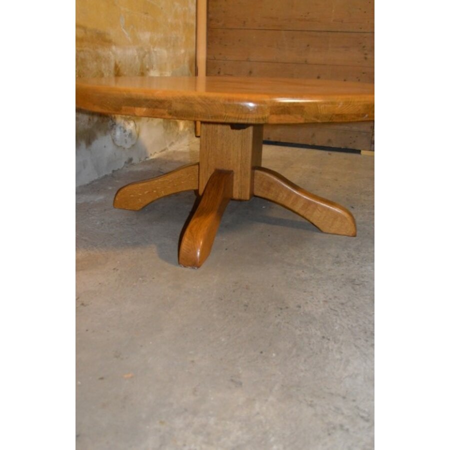 Ronde vintage salontafel van blank eikenhout met middenpoot-5