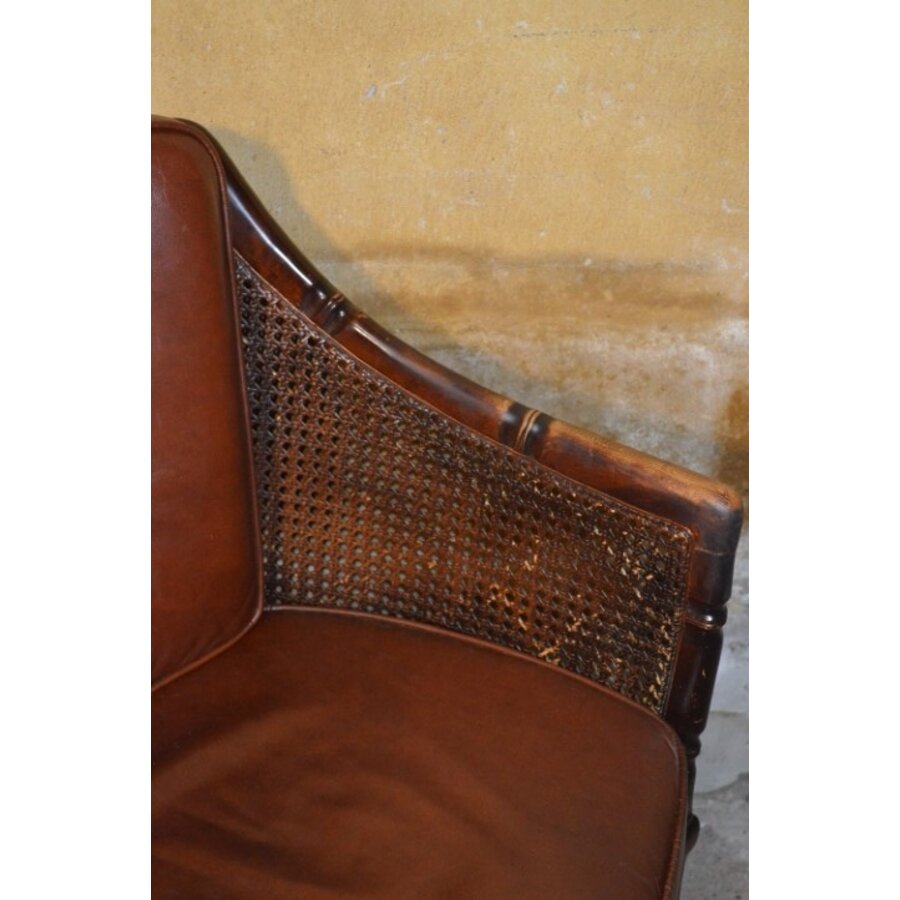 Comfortabele vintage Giorgetti fauteuil met leer en webbing details-9