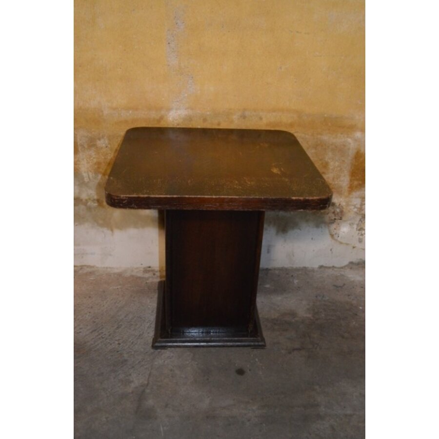 Vierkant vintage houten bijzettafeltje met eiken fineer in Art Deco stijl-1