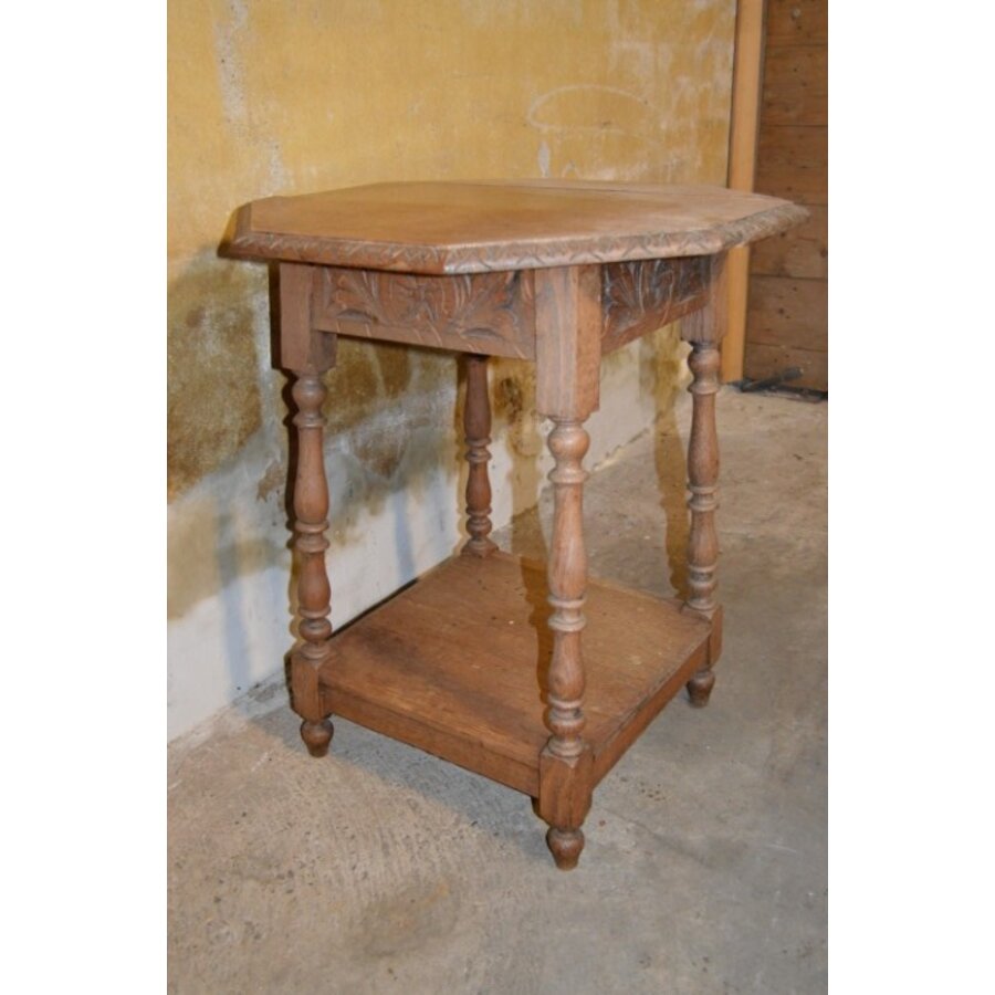 Achthoekig antiek bijzettafeltje van oud eikenhout met patina-7