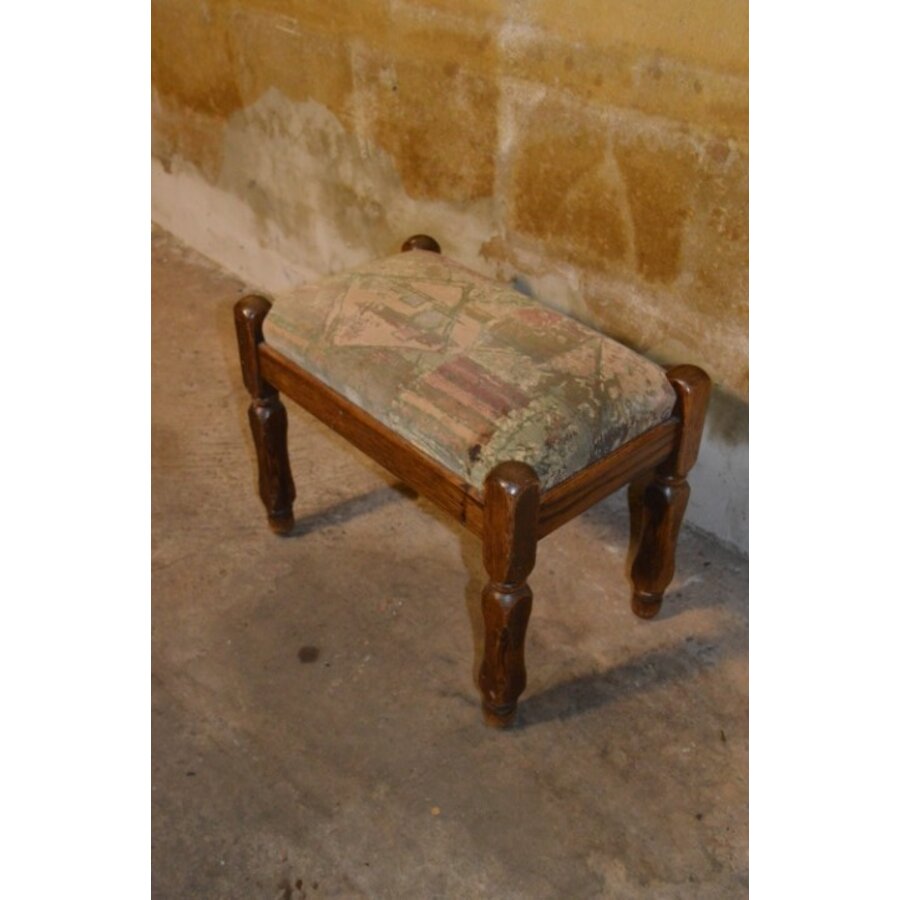 Vintage eiken voetenbankje of hocker uit de jaren 60 met velours zitting-3