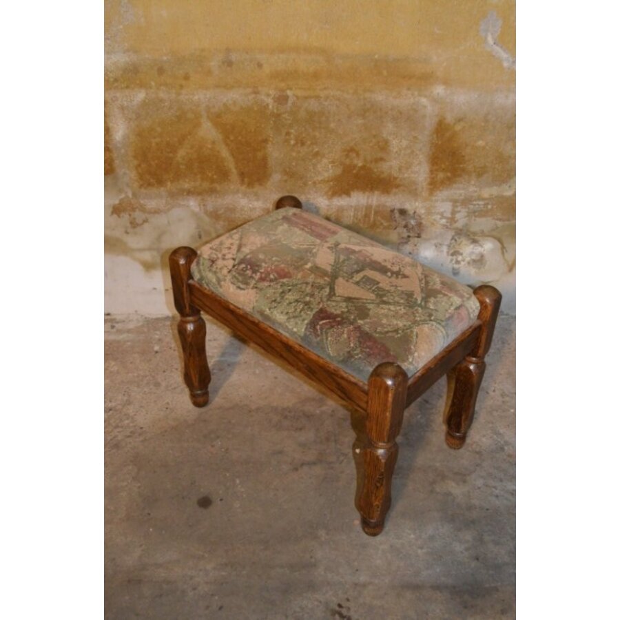 Vintage eiken voetenbankje of hocker uit de jaren 60 met velours zitting-5