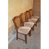 thumb-Set van 4 mid-century eiken eetkamerstoelen met webbing rug en beige bekleding-1