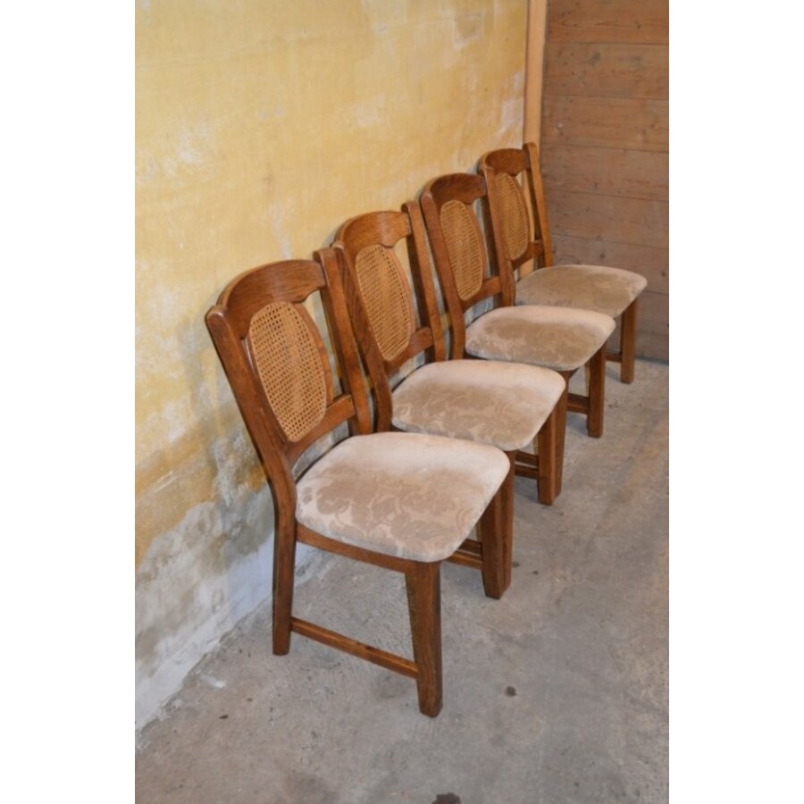 Set van 4 mid-century eiken eetkamerstoelen met webbing rug en beige bekleding-1