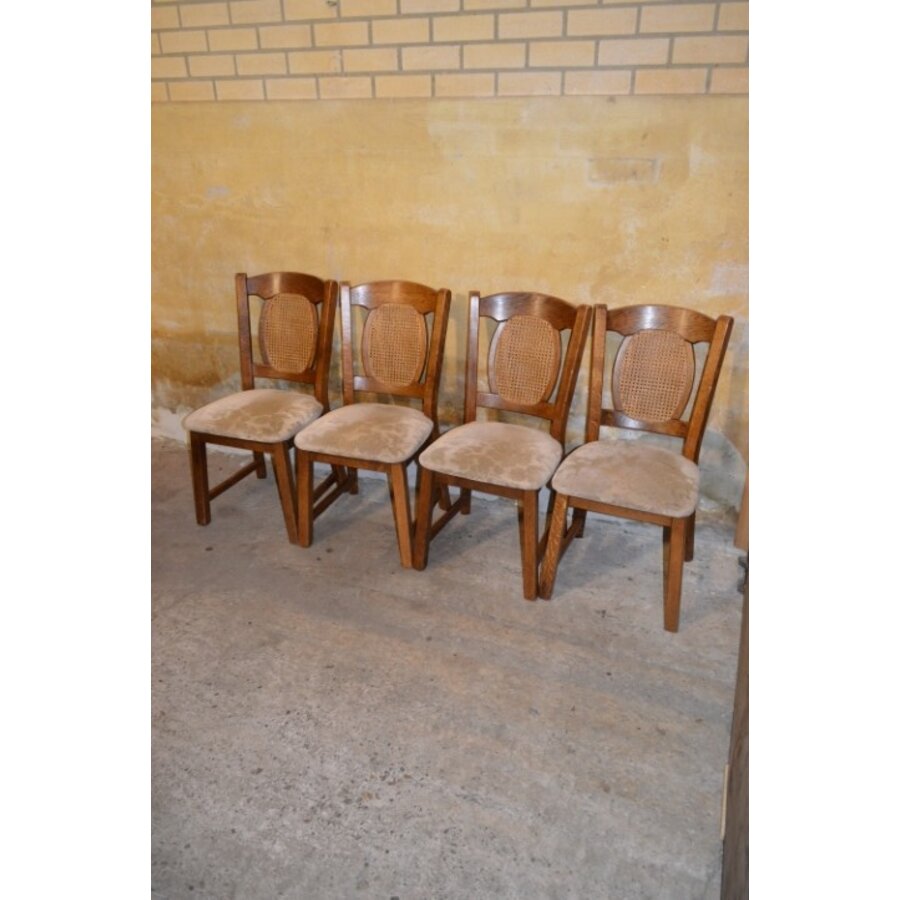 Set van 4 mid-century eiken eetkamerstoelen met webbing rug en beige bekleding-2