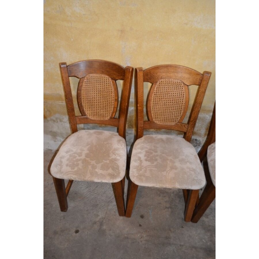 Set van 4 mid-century eiken eetkamerstoelen met webbing rug en beige bekleding-4