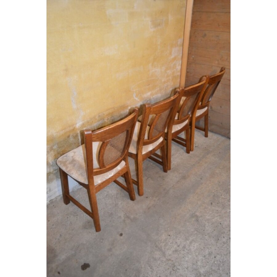 Set van 4 mid-century eiken eetkamerstoelen met webbing rug en beige bekleding-5