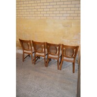 thumb-Set van 4 mid-century eiken eetkamerstoelen met webbing rug en beige bekleding-6