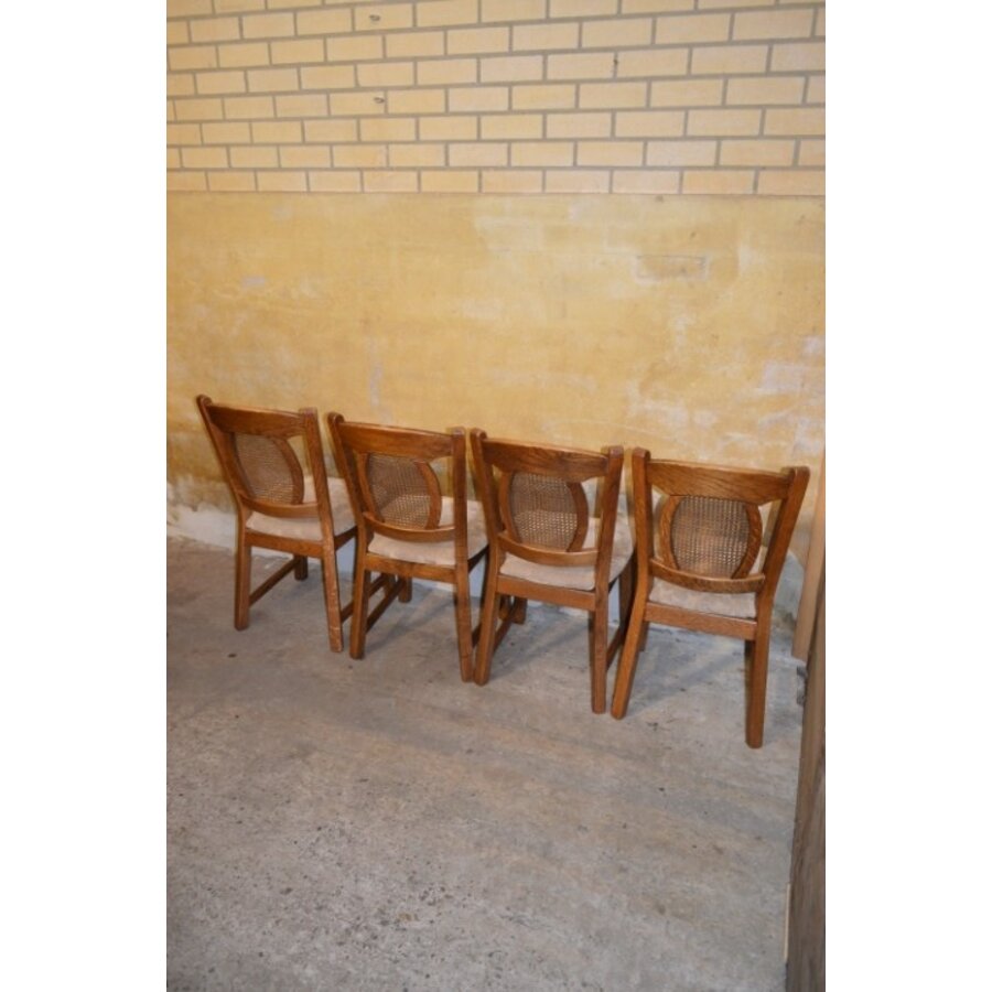 Set van 4 mid-century eiken eetkamerstoelen met webbing rug en beige bekleding-6